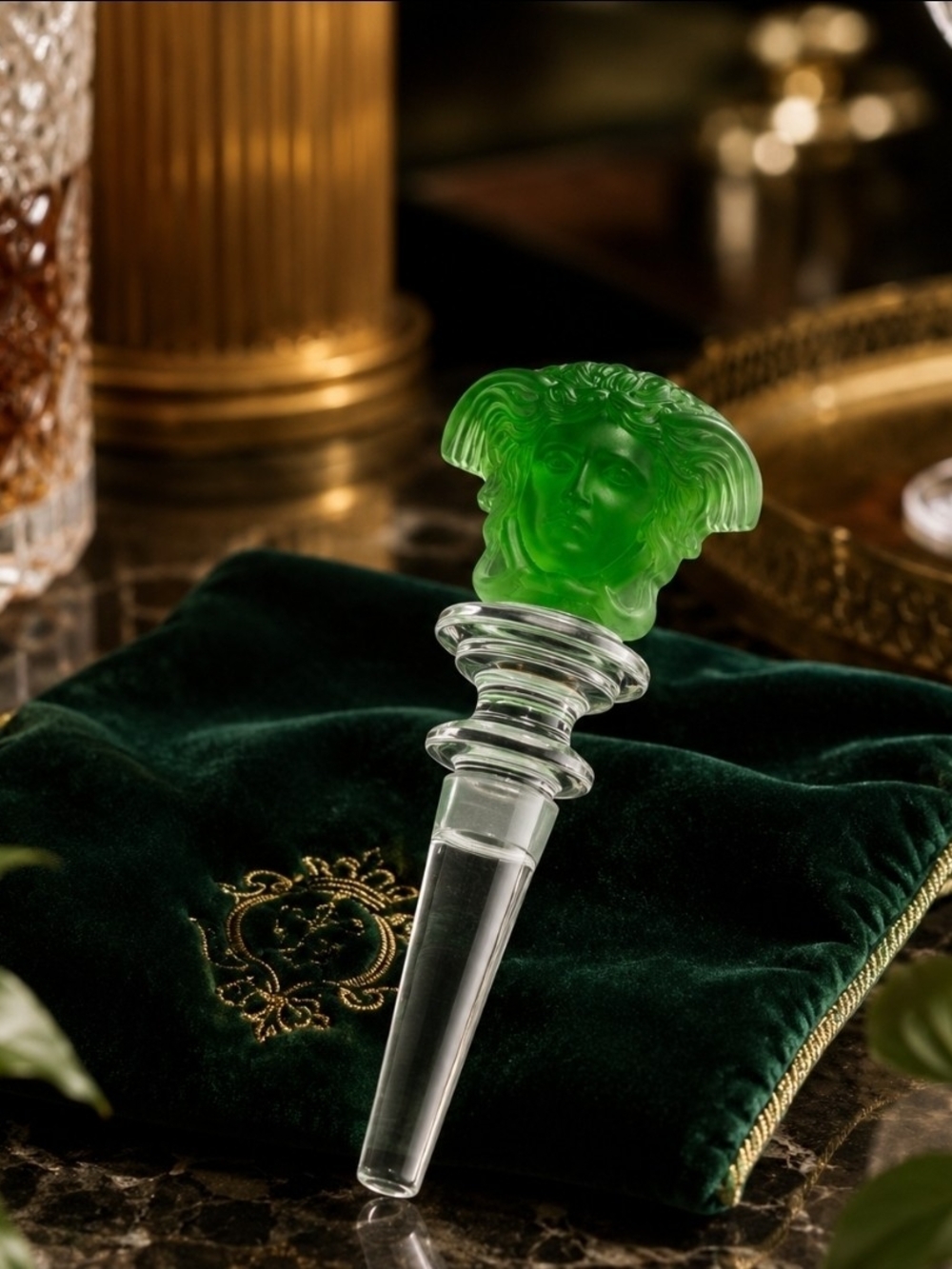 Rosenthal Versace Medusa Crystal Wine Bottle Stopper - Green